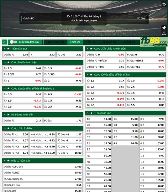 Fb88 tỷ lệ kèo trận đấu Odisha vs FC Goa