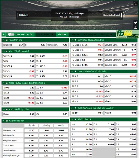 Fb88 tỷ lệ kèo trận đấu Leipzig vs Dortmund