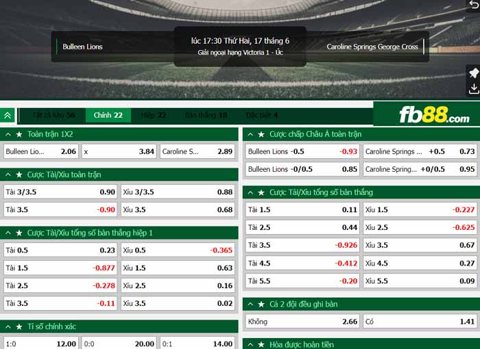 fb88-chi tiết kèo trận đấu Bulleen Lions vs Caroline Springs