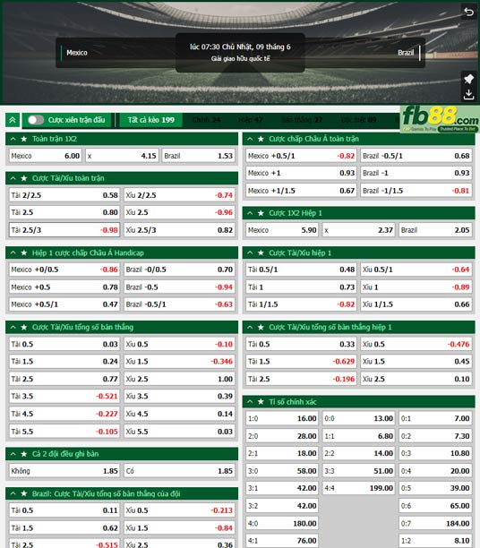 Fb88 tỷ lệ kèo trận đấu Mexico vs Brazil