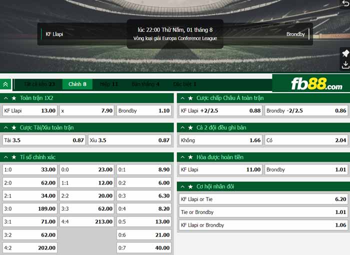 fb88-chi tiết kèo trận đấu Llapi vs Brondby