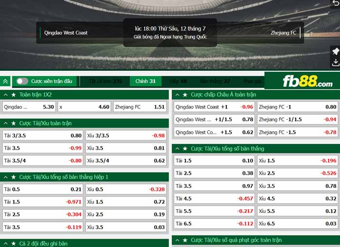fb88-chi tiết kèo trận đấu Qingdao vs Zhejiang