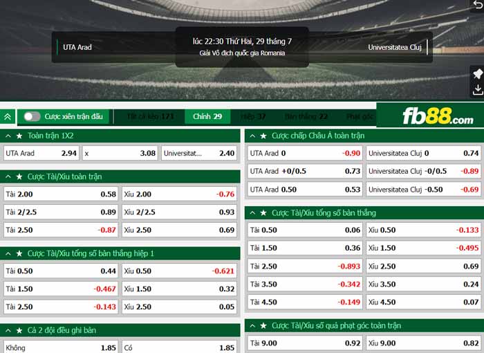 fb88-chi tiết kèo trận đấu UTA Arad vs Universitatea Cluj