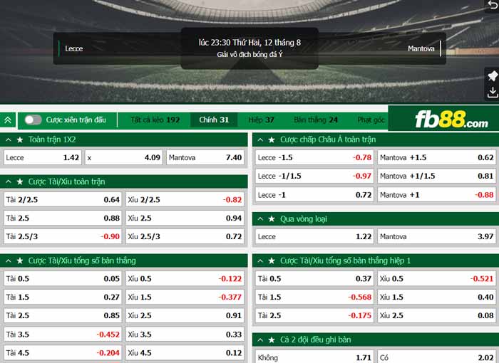 fb88-chi tiết kèo trận đấu Lecce vs Mantova