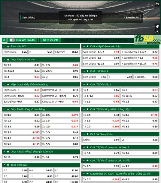 Fb88 tỷ lệ kèo trận đấu St. Gilloise vs Beerschot Wilrijk