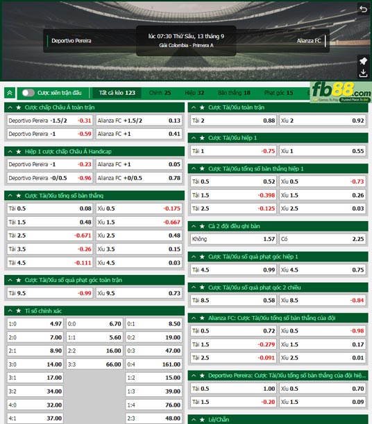Fb88 tỷ lệ kèo trận đấu Deportivo Pereira vs Alianza Petrolera