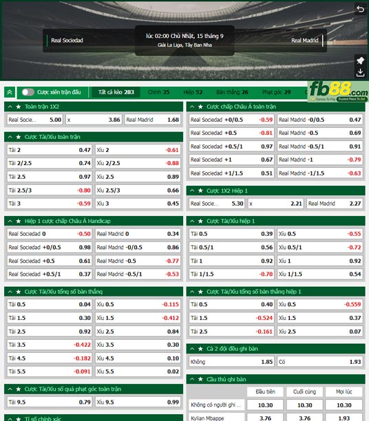 Fb88 tỷ lệ kèo trận đấu Sociedad vs Real Madrid