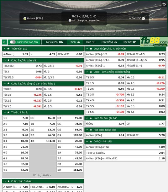 Fb88 tỷ lệ kèo trận đấu Al Nassr vs Al-Sadd