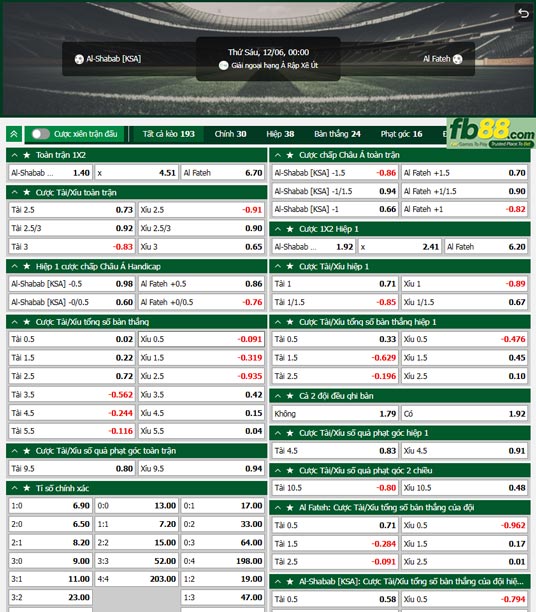 Fb88 tỷ lệ kèo trận đấu Al-Shabab vs Al Fateh