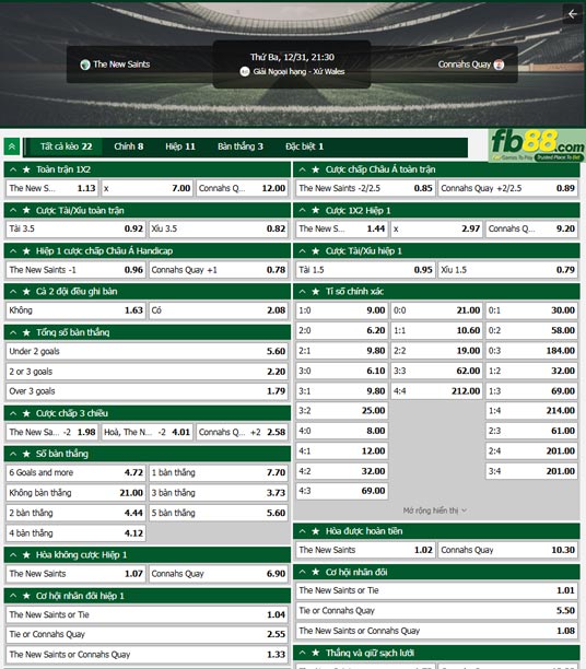 Fb88 tỷ lệ kèo trận đấu The New Saints vs Connah's Quay