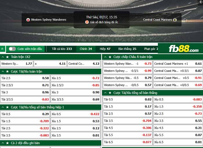fb88-chi tiết kèo trận đấu Western Sydney vs Central Coast