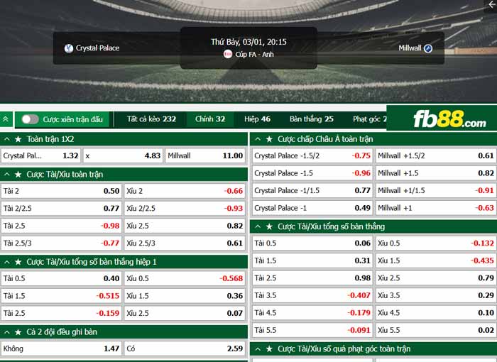 fb88-chi tiết kèo trận đấu Crystal Palace vs Millwall