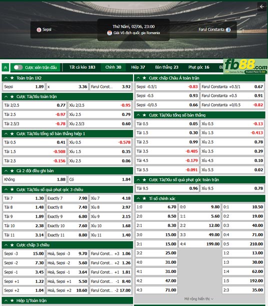 Fb88 tỷ lệ kèo trận đấu Sepsi OSK vs Farul Constanta