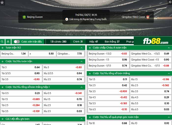 fb88-chi tiết kèo trận đấu Beijing Guoan vs Qingdao West Coast