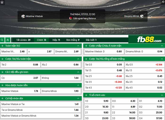 fb88-chi tiết kèo trận đấu Maxline Vitebsk vs Dinamo Minsk