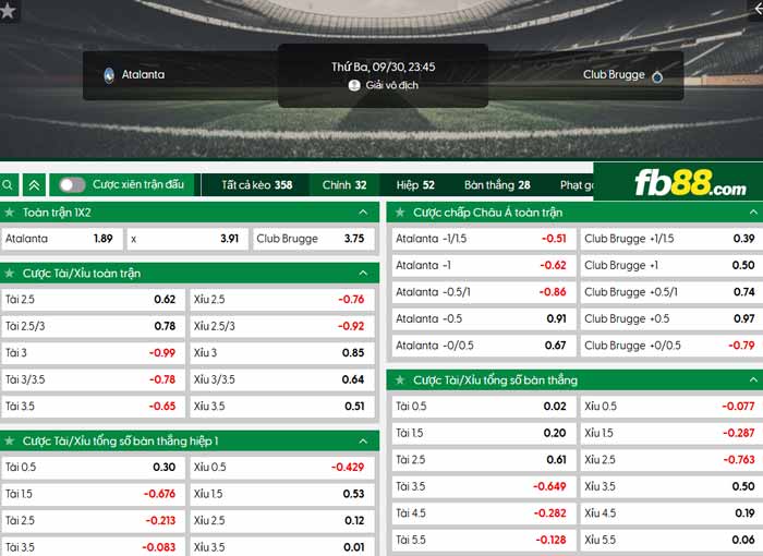 fb88-chi tiết kèo trận đấu Atalanta vs Club Brugge
