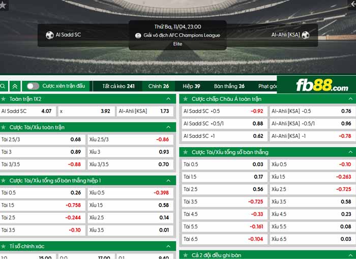 fb88-chi tiết kèo trận đấu Al-Sadd vs Al-Ahli