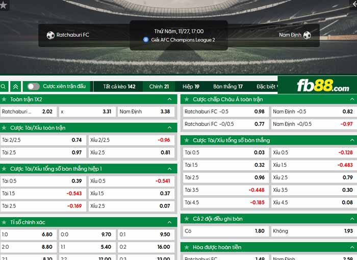 fb88-chi tiết kèo trận đấu Ratchaburi vs Nam Định