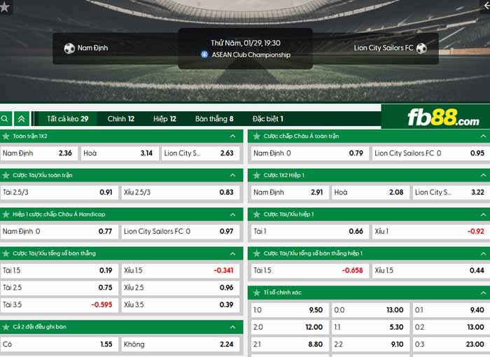 fb88-chi tiết kèo trận đấu Nam Định vs Lion City