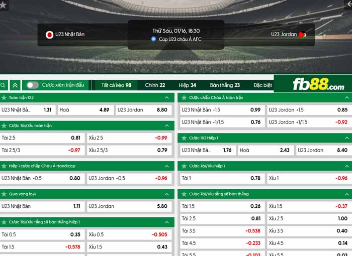fb88-chi tiết kèo trận đấu U23 Nhật Bản vs U23 Jordan