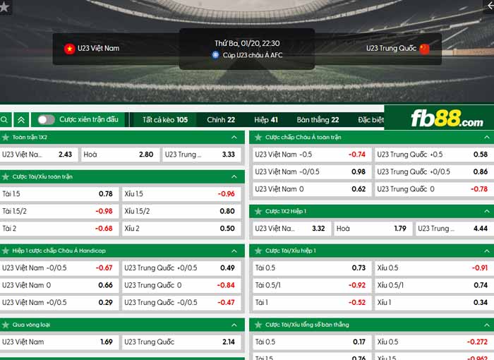 fb88-chi tiết kèo trận đấu U23 Việt Nam vs U23 Trung Quốc