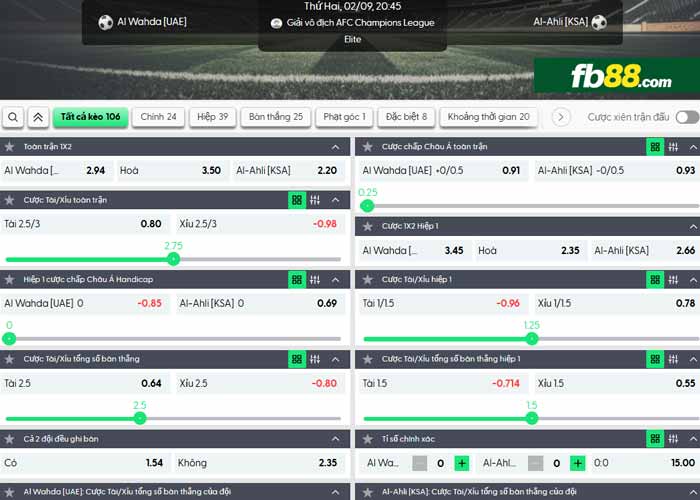 fb88-chi tiết kèo trận đấu Al Wahda vs Al Ahli