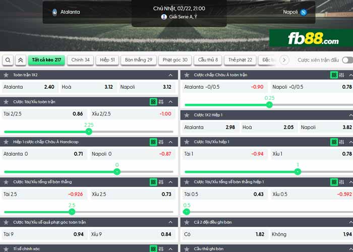 fb88-chi tiết kèo trận đấu Atalanta vs Napoli