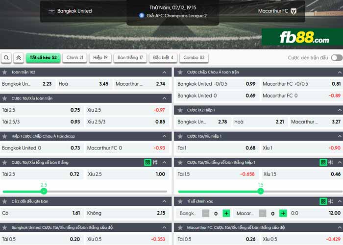 fb88-chi tiết kèo trận đấu Bangkok vs Macarthur