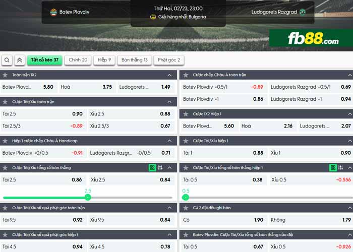 fb88-chi tiết kèo trận đấu Botev Plovdiv vs Ludogorets