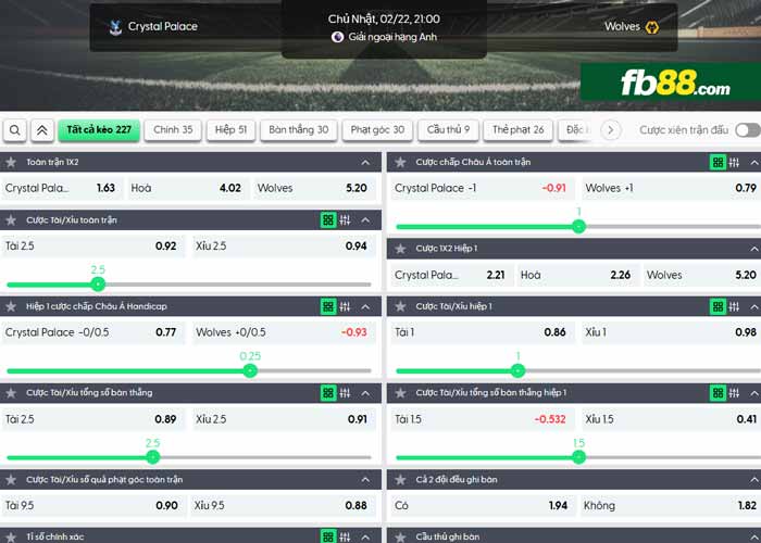 fb88-chi tiết kèo trận đấu Crystal Palace vs Wolves