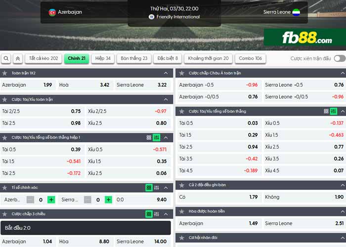 fb88-chi tiết kèo trận đấu Azerbaijan vs Sierra Leone