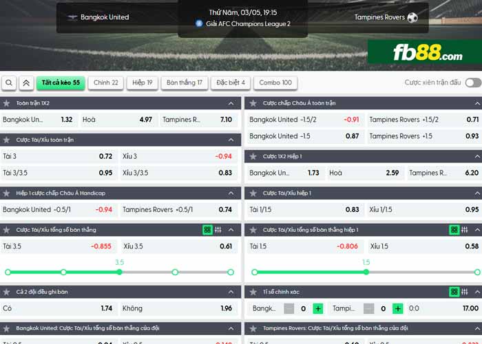 fb88-chi tiết kèo trận đấu Bangkok United vs Tampines