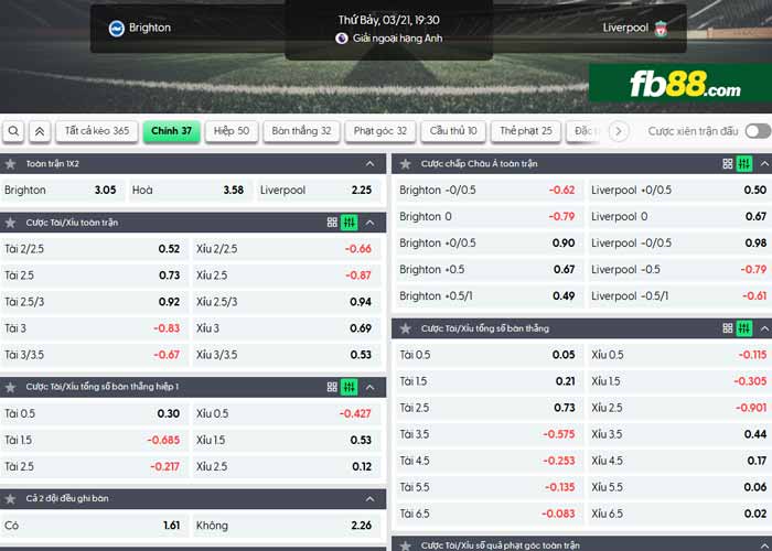 fb88-chi tiết kèo trận đấu Brighton vs Liverpool
