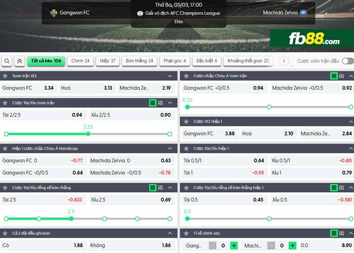 fb88-chi tiết kèo trận đấu Gangwon vs Machida Zelvia