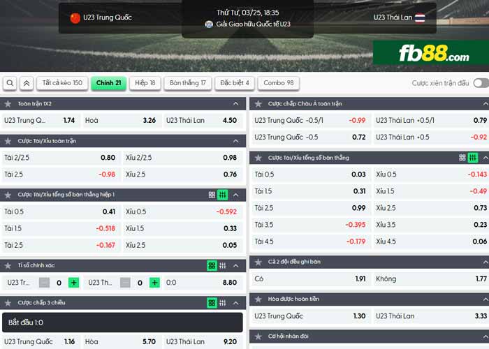 fb88-chi tiết kèo trận đấu U23 Trung Quốc vs U23 Thái Lan
