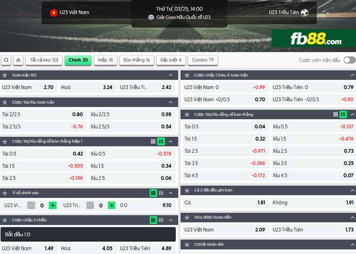 fb88-chi tiết kèo trận đấu U23 Việt Nam vs U23 Triều Tiên