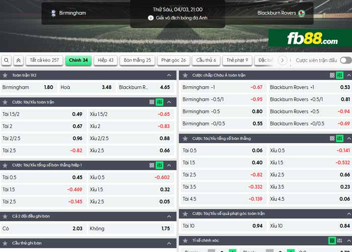 fb88-chi tiết kèo trận đấu Birmingham vs Blackburn