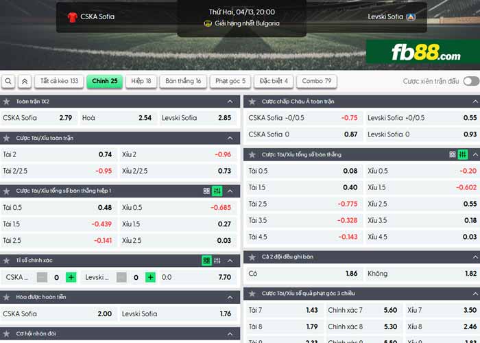 fb88-chi tiết kèo trận đấu CSKA Sofia vs Levski Sofia