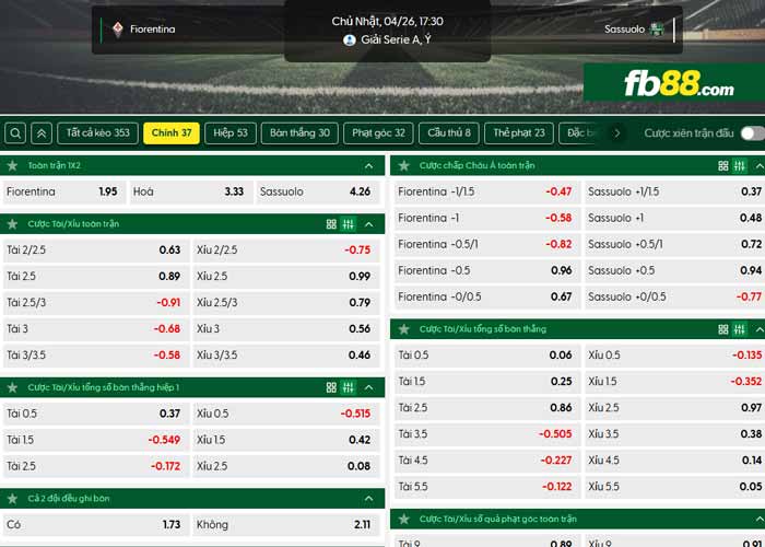 fb88-chi tiết kèo trận đấu Fiorentina vs Sassuolo