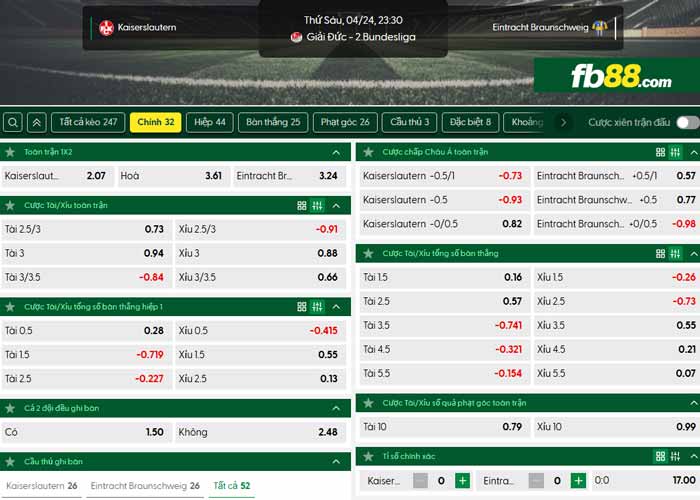 fb88-chi tiết kèo trận đấu Kaiserslautern vs Braunschweig