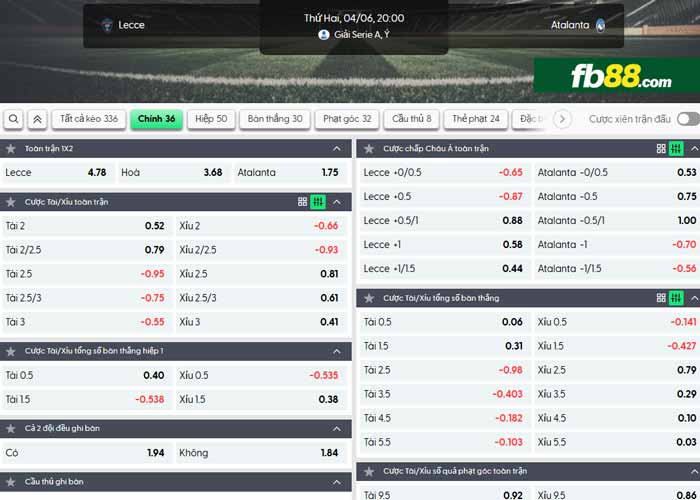 fb88-chi tiết kèo trận đấu Lecce vs Atalanta