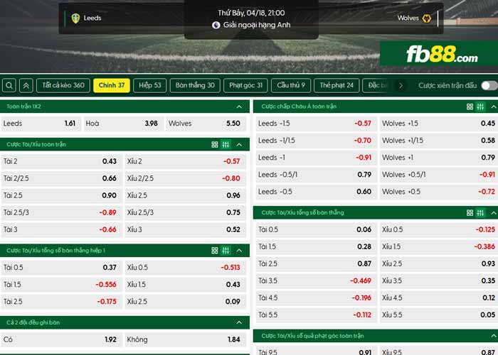 fb88-chi tiết kèo trận đấu Leeds vs Wolves