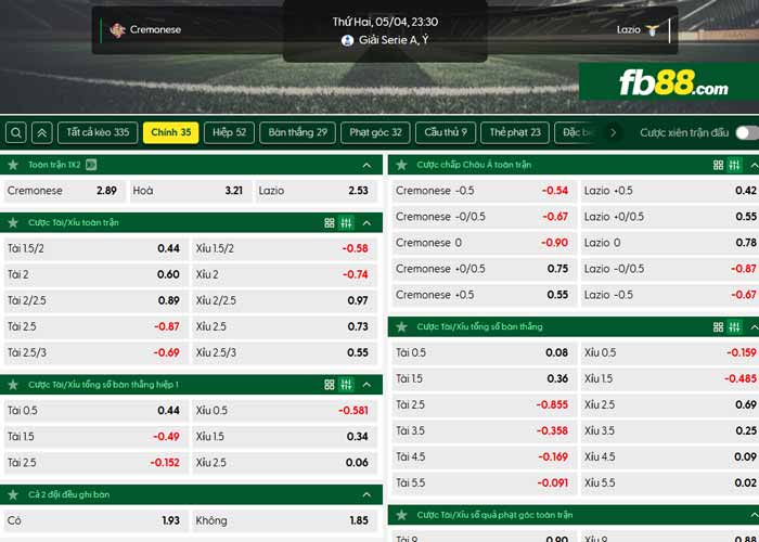 fb88-chi tiết kèo trận đấu Cremonese vs Lazio