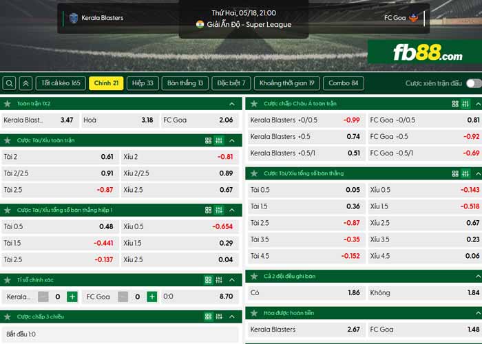 fb88-chi tiết kèo trận đấu Kerala Blasters vs Goa