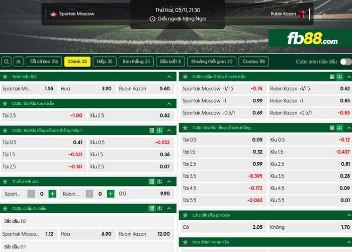 fb88-chi tiết kèo trận đấu Spartak Moscow vs Rubin Kazan