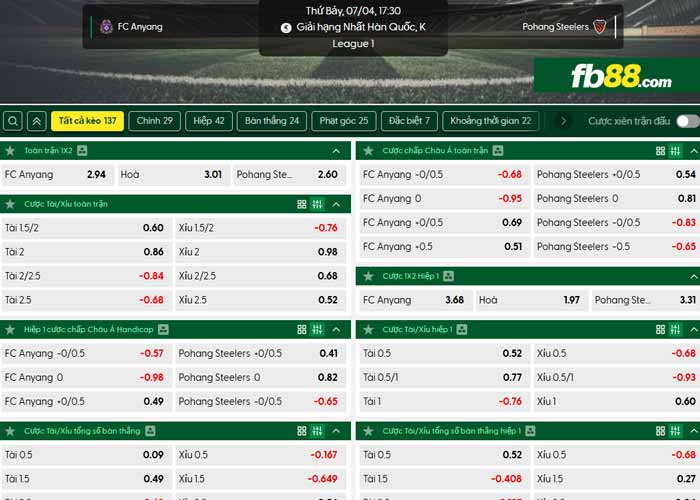 fb88-chi tiết kèo trận đấu Anyang vs Pohang