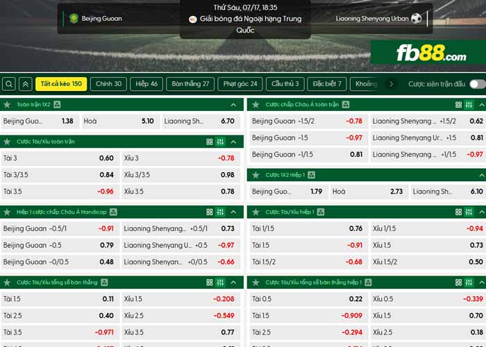 fb88-chi tiết kèo trận đấu Beijing Guoan vs Liaoning Tieren