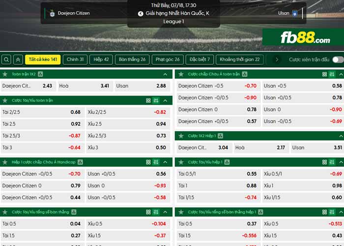 fb88-chi tiết kèo trận đấu Daejeon vs Ulsan
