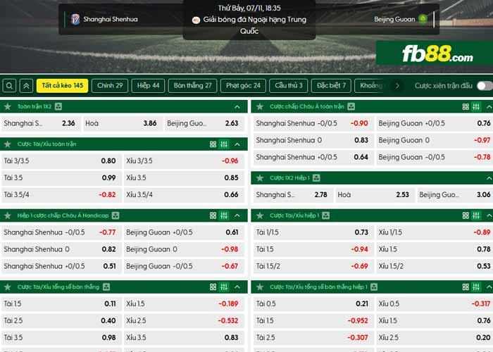 fb88-chi tiết kèo trận đấu Shanghai Shenhua vs Beijing Guoan