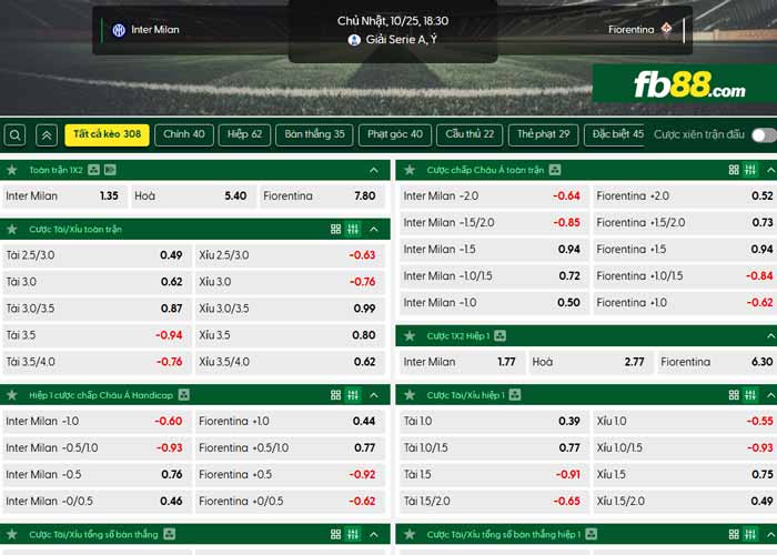 fb88-chi tiết kèo trận đấu Inter Milan vs Fiorentina